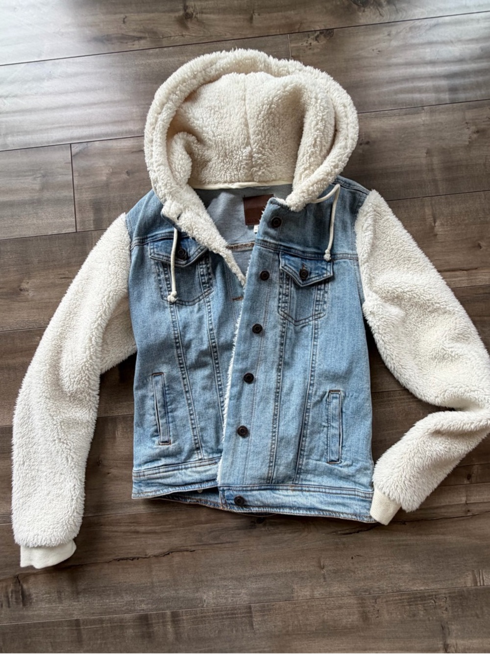 Maurices Light Blue Denim Jacket with Cream Sherpa Hood & Sleeves
